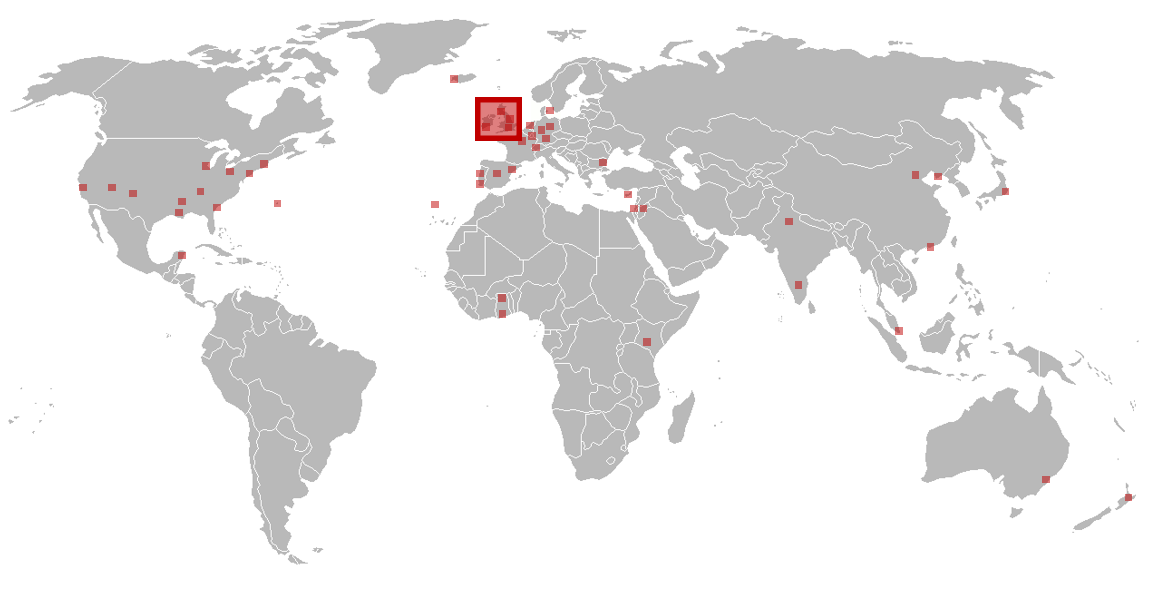 World Map with red dots in countries where Mission have worked